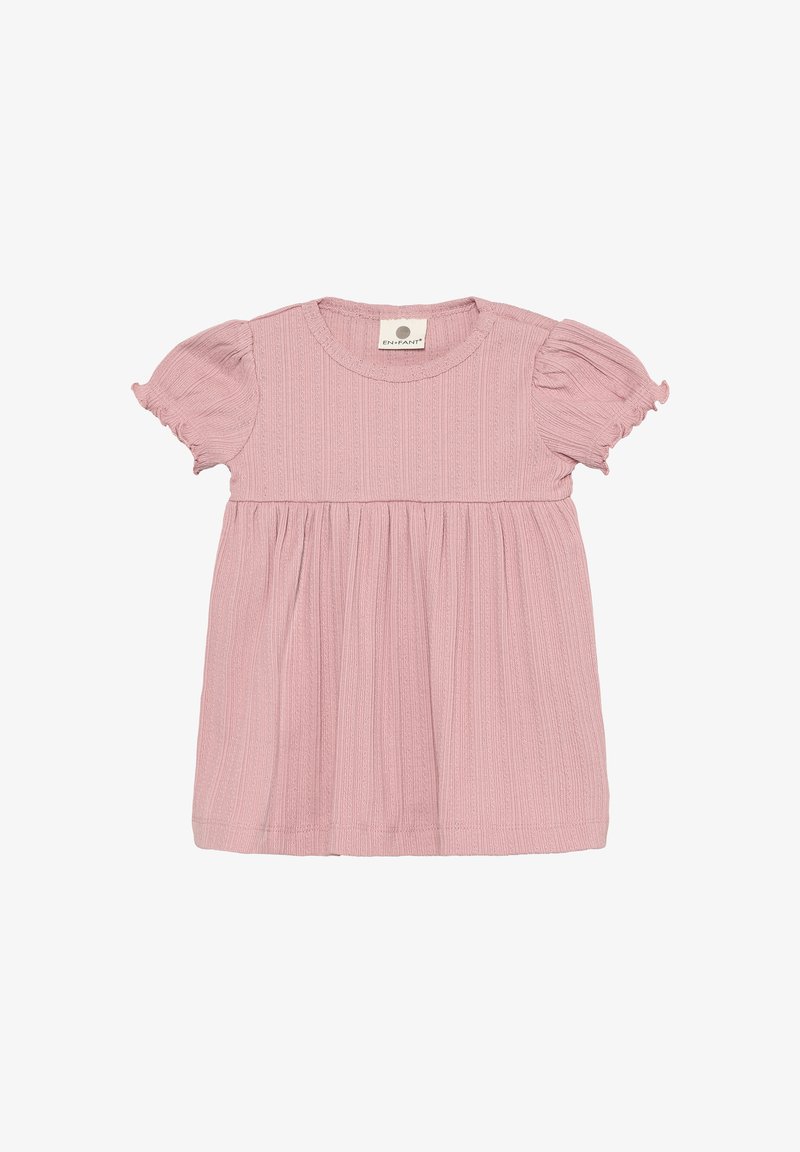 Różowa sukienka niemowlęca z krótkim rękawem i bufkami, o prążkowanej fakturze, z marszczoną talią i okrągłym dekoltem.