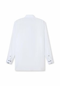 Langärmliges weißes Hemd, glattes Material, klassischer Kragen, schwarze Knopfakzente an den Manschetten, taillierter Rückendesign, minimalistischer Stil.