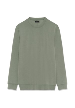 Sudadera de manga larga y cuello redondo en verde apagado con puños y dobladillo acanalados, presentada plana sin patrones ni logotipos visibles.