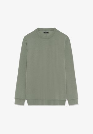 Sudadera de manga larga y cuello redondo en verde apagado con puños y dobladillo acanalados, presentada plana sin patrones ni logotipos visibles.