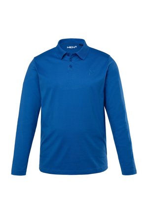 Langarm-Polohemd in leuchtendem Blau. Aus weichem Stoff gefertigt, mit klassischem Kragen, drei Knöpfen und einem dezenten Logo auf der Brust.