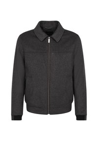 Graue Wollmischjacke mit Reißverschluss, Stehkragen und gerippten Manschetten. Verfügt über zwei Seiten Taschen und ein sauberes, strukturiertes Design.