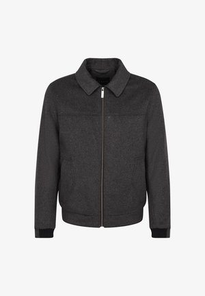 Gray wool-blend jacket with a zip closure, point collar, and ribbed cuffs. Features two side pockets and a clean, structured design.