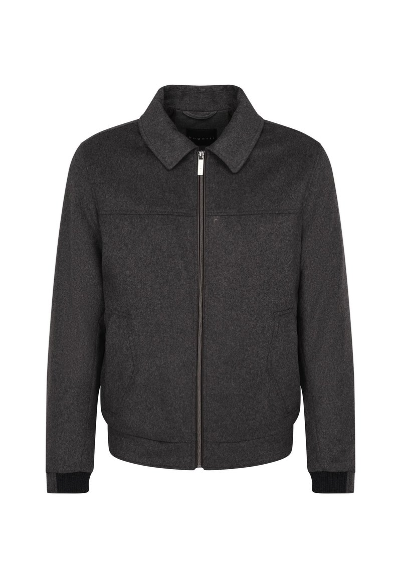 Graue Wollmischjacke mit Reißverschluss, Stehkragen und gerippten Manschetten. Verfügt über zwei Seiten Taschen und ein sauberes, strukturiertes Design.