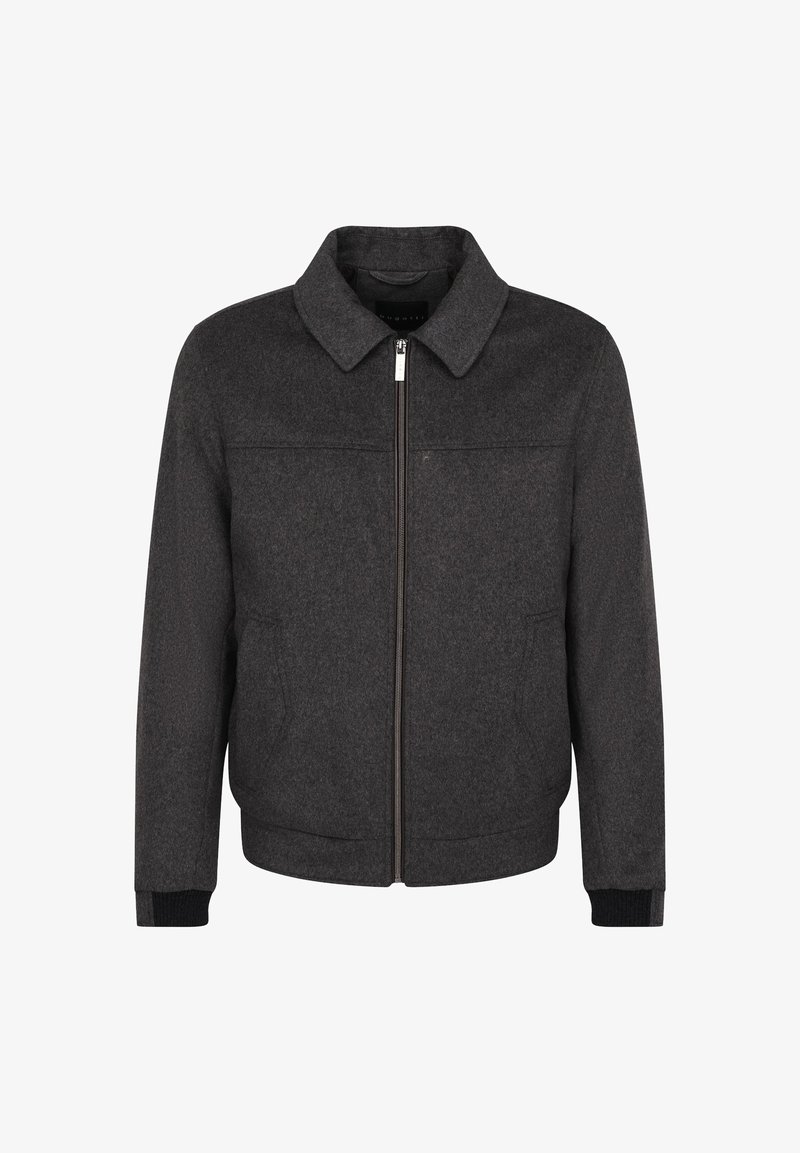 Gray wool-blend jacket with a zip closure, point collar, and ribbed cuffs. Features two side pockets and a clean, structured design.