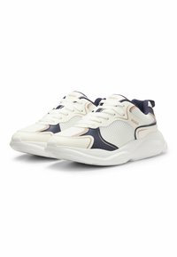 Weiße Mesh-Sneaker mit marineblauen Akzenten, beigen Details und Logo. Verfügt über ein Schnürdesign und eine strukturierte Gummisohle. Leicht und modernes Design.