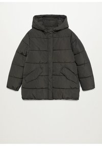 Chaqueta acolchada en gris oscuro con capucha, con diseño acolchado, dos bolsillos delanteros y material duradero resistente al agua.