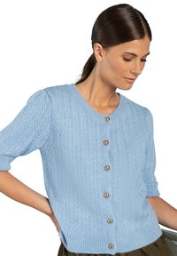 Lichtblauwe gebreide cardigan met korte pofmouwen, voorzien van een V-vormig visgraatpatroon en gouden knopen aan de voorkant.