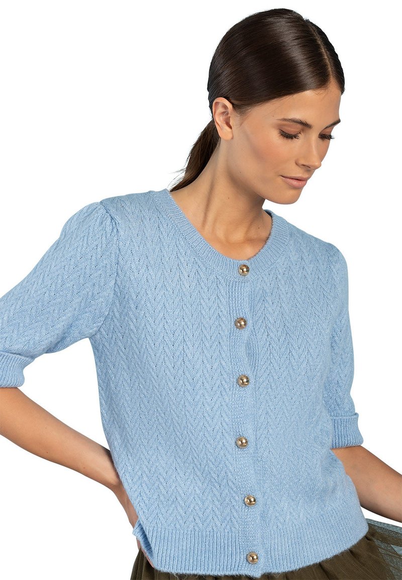 Lichtblauwe gebreide cardigan met korte pofmouwen, voorzien van een V-vormig visgraatpatroon en gouden knopen aan de voorkant.