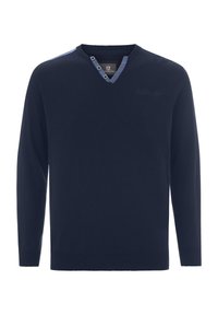Dunkelblauer Pullover mit langen Ärmeln und V-Ausschnitt. Verfügt über einen kontrastierenden Kragen und dekorative Knöpfe, gefertigt aus einem glatten Strickmaterial.