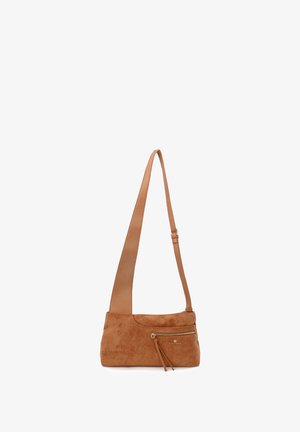 Borsa in suede marrone con una tracolla in pelle liscia, forma rettangolare, tasca frontale con zip e dettagli decorativi con nappine.