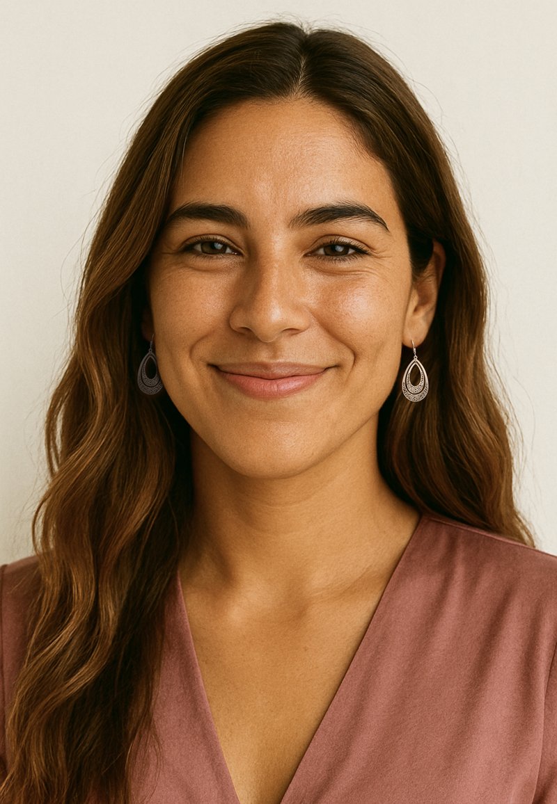 Leende kvinna med långt vågigt brunt hår, iförd en mauve V-ringad topp och silverfärgade droppformade örhängen, mot en enkel off-white bakgrund.