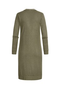 Oliivinvihreä, pitkähihainen neulemekko, jossa on pyöreä pääntie, ribbireunat hihansuissa ja helmassa. Tasainen rakenne ja istuva siluetti, ei kuvioita tai koristeluja.