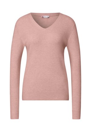 Maglione a collo a V, con maniche lunghe, in morbido materiale a coste rosa pallido, caratterizzato da una silhouette aderente e dettagli di cucitura minimali.