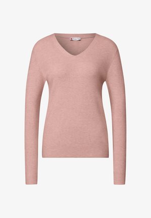 Sweter z długim rękawem w kolorze delikatnego różu z dekoltem w serek, wykonany z miękkiego, prążkowanego materiału, z dopasowanym krojem i minimalnymi detalami szycia.