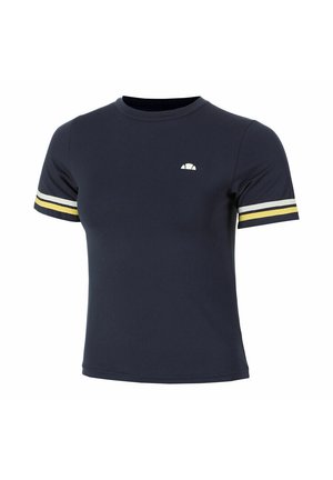 T-shirt blu navy a maniche corte con strisce bianche e gialle sulle maniche e un piccolo logo a mezzaluna bianco sul petto.