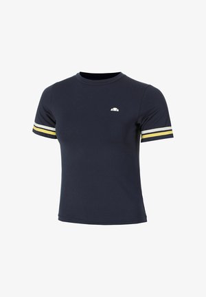 T-shirt blu navy a maniche corte con strisce bianche e gialle sulle maniche e un piccolo logo a mezzaluna bianco sul petto.