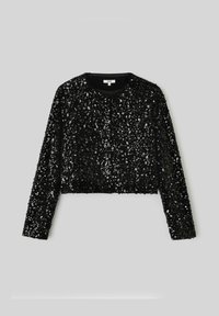 Top court à manches longues noir couvert de sequins avec un col rond. Texture lisse, ornements brillants et coupe ajustée.