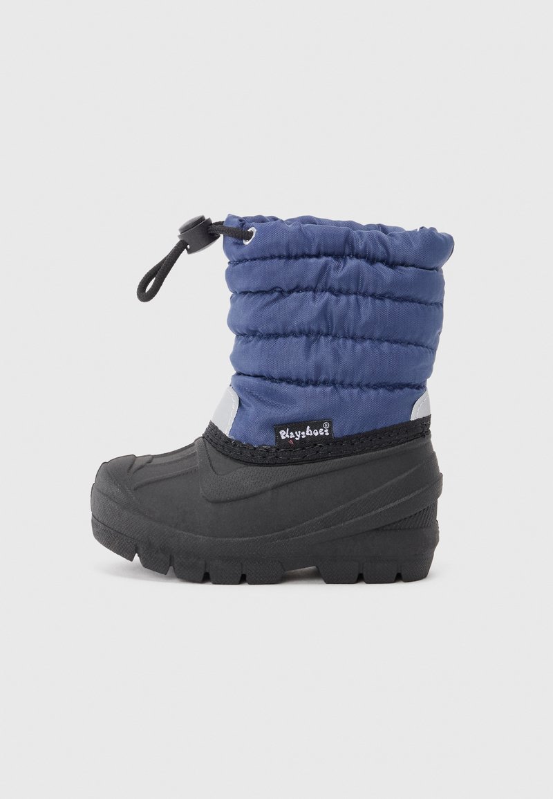 Botas de inverno impermeáveis com um upper de nylon azul acolchoado, sola de borracha preta e piso robusto. Apresenta um fecho ajustável na parte superior.