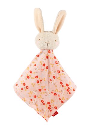 Plüsch-Hasenkopf mit langen Ohren, befestigt an einer rosa, mit Blumenmuster versehenen weichen Sicherheitsdecke für Babys.