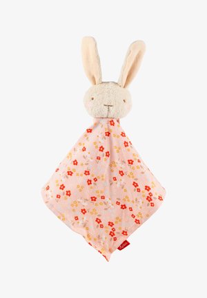Plush bunny head with long ears attached to a pink floral-patterned soft security blanket for babies.