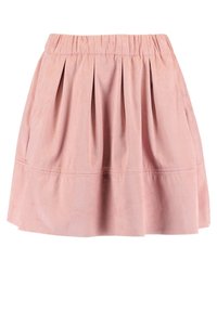 Jupe plissée rose clair avec taille élastique, fabriquée en tissu doux. Détails de couture horizontale près de l'ourlet. Design court et évasé.
