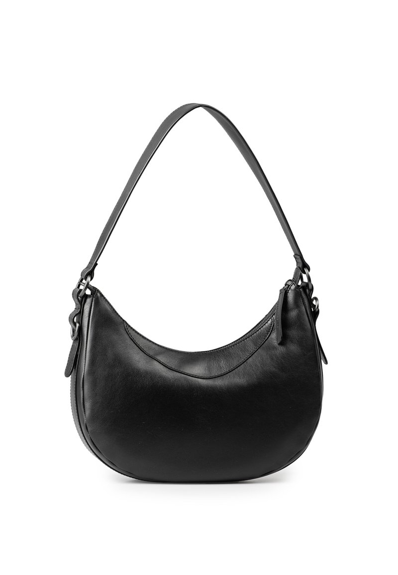 Zwarte leren hobo tas met een gebogen vorm, enkele schouderriem, ritssluiting en een gladde textuur, met een subtiele naaddetails.