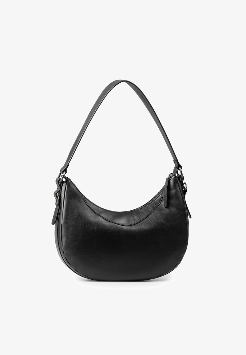Borsa hobo in pelle nera con forma curva, tracolla singola, chiusura con zip e texture liscia, con un delicato dettagli di cucitura.