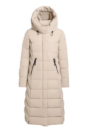 Langer beigefarbener gesteppter Wintermantel mit hohem gepolstertem Kragen, einem Frontreißverschluss mit Klappe und zwei seitlichen Reißverschlusstaschen.