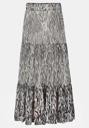 Lagdelte midi-nederdel med sort-hvid zebraprint og elastisk taljebånd.