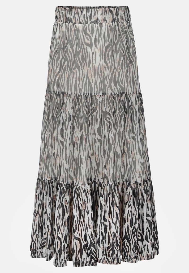 Jupe midi à volants avec imprimé zèbre noir et blanc et taille élastique.