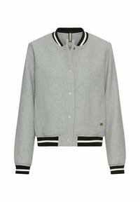 Graue Bomberjacke mit schwarz-weißen, gestreiften Rippbündchen und Saum. Verfügt über Druckknöpfe und einen strukturierten Stoff. Einfaches, klassisches Design.