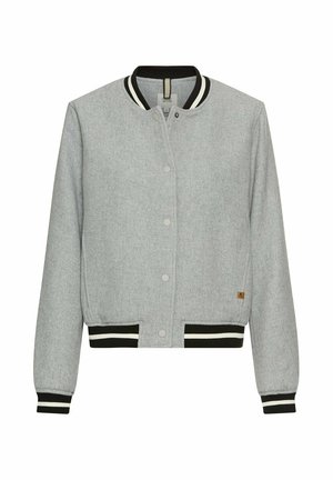 Szara kurtka bomberka z czarnymi i białymi paskami na mankietach i dolnej krawędzi. Wyposażona w zatrzaski i teksturowany materiał. Prosty, klasyczny design.