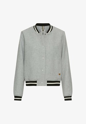 Grå bomberjakke med sort-hvide stribede ribbede manchetter og kant. Har trykknapper og et tekstureret stof. Enkel, klassisk design.