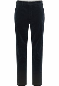 Mörk marinblå kordflorbyxor med rak ben-design, med en knäppning och framfickor. Mjuk textur och synlig ribbing.