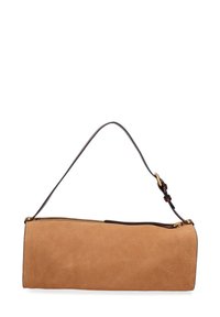 Suède schoudertas in bruin, rechthoekige vorm met een ritssluiting en een bruine leren schouderband. Voorzien van gouden hardware accenten.