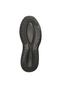 Black rubber shoe sole featuring textured patterns, grooves for grip, and a contoured shape with a central arch for support.