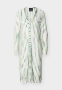 Ζακέτα με μακριά μανίκια μέχρι το γόνατο με κάθετες πράσινες, μπλε και κίτρινες ρίγες, μπροστινό κούμπωμα και V-λαιμόκοψη.