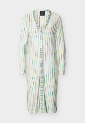 Cardigan à manches longues, longueur genou, avec des rayures verticales vertes, bleues et jaunes, devant boutonné et col en V.