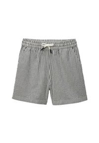 Shorts rayés avec une taille élastique et un cordon de serrage, présentant des rayures verticales noires et blanches, deux poches latérales et une coupe décontractée.