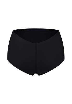 Pantaloni corti neri a vita alta realizzati in tessuto liscio. Dettaglio anteriore a forma di V, design senza cuciture e una silhouette semplice e minimalista.