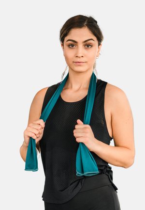 Black mesh athletic tank top with a loose fit, featuring a scoop neck. Teal workout bands held in hands, highlighting texture and color contrast.