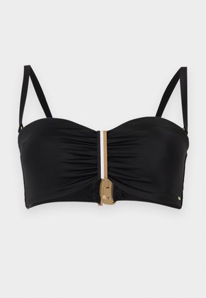 Μαύρο τοπ μπικίνι bandeau με λεπτές ρυθμιζόμενες τιράντες, χρυσό μπροστινό κούμπωμα και κεντρική κατακόρυφη ρίγα σε καφέ, λευκό και μαύρο.