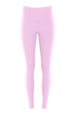 Ljust rosa leggings med hög midja, slät yta och figursydd design, utan synliga mönster eller metalldetaljer.