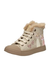 Tan hoge sneakers met nepbont voering, vetersluiting en kat-thema applicaties. Voorzien van roze en witte accenten en een rubberen zool.