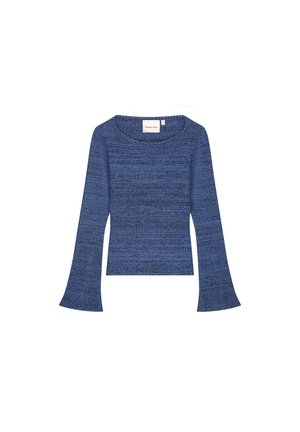 Blauer gestrickter Pullover mit langen, ausgestellten Ärmeln und rundem Ausschnitt. Verfügt über ein strukturiertes Muster und einen taillierten Schnitt.