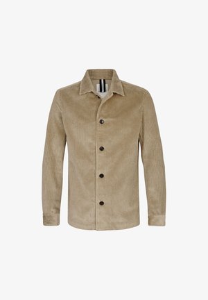 Veste chemise en velours côtelé beige avec un col, des boutons sur le devant, des manches longues et une texture à côtes verticales.