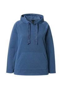 Modrá mikina s kapucí, dlouhými raglánovými rukávy, přední kapsou a dekorativními detaily na tkaničkách. Měkká strukturovaná tkanina.