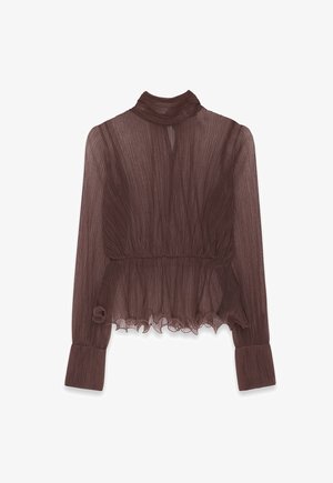 Blusa lunga marrone a maniche lunghe con collo alto e orlo arricciato. Presenta tessuto trasparente e polsini svasati. Chiusura a oblò sul retro.