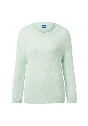 Pull vert clair avec un col rond et des manches longues, fabriqué en tricot texturé, offrant une coupe décontractée et un ourlet côtelé.